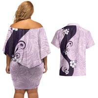 Polynesia Hibiscus Couples Matching Off Shoulder Short Dress and Hawaiian Shirt Thistle Curve Motif LT05 - Polynesian Pride
