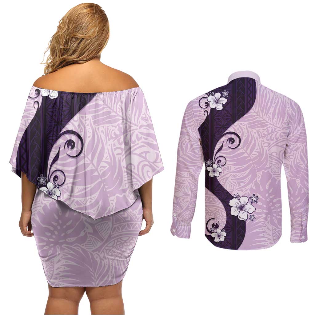Polynesia Hibiscus Couples Matching Off Shoulder Short Dress and Long Sleeve Button Shirt Thistle Curve Motif - Polynesian Pride