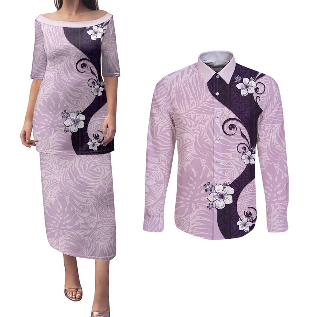 Polynesia Hibiscus Couples Matching Puletasi and Long Sleeve Button Shirt Thistle Curve Motif LT05 Purple - Polynesian Pride