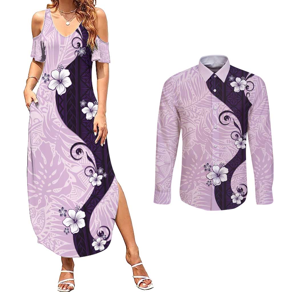 Polynesia Hibiscus Couples Matching Summer Maxi Dress and Long Sleeve Button Shirt Thistle Curve Motif LT05 Purple - Polynesian Pride