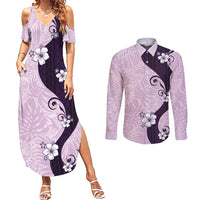 Polynesia Hibiscus Couples Matching Summer Maxi Dress and Long Sleeve Button Shirt Thistle Curve Motif LT05 Purple - Polynesian Pride