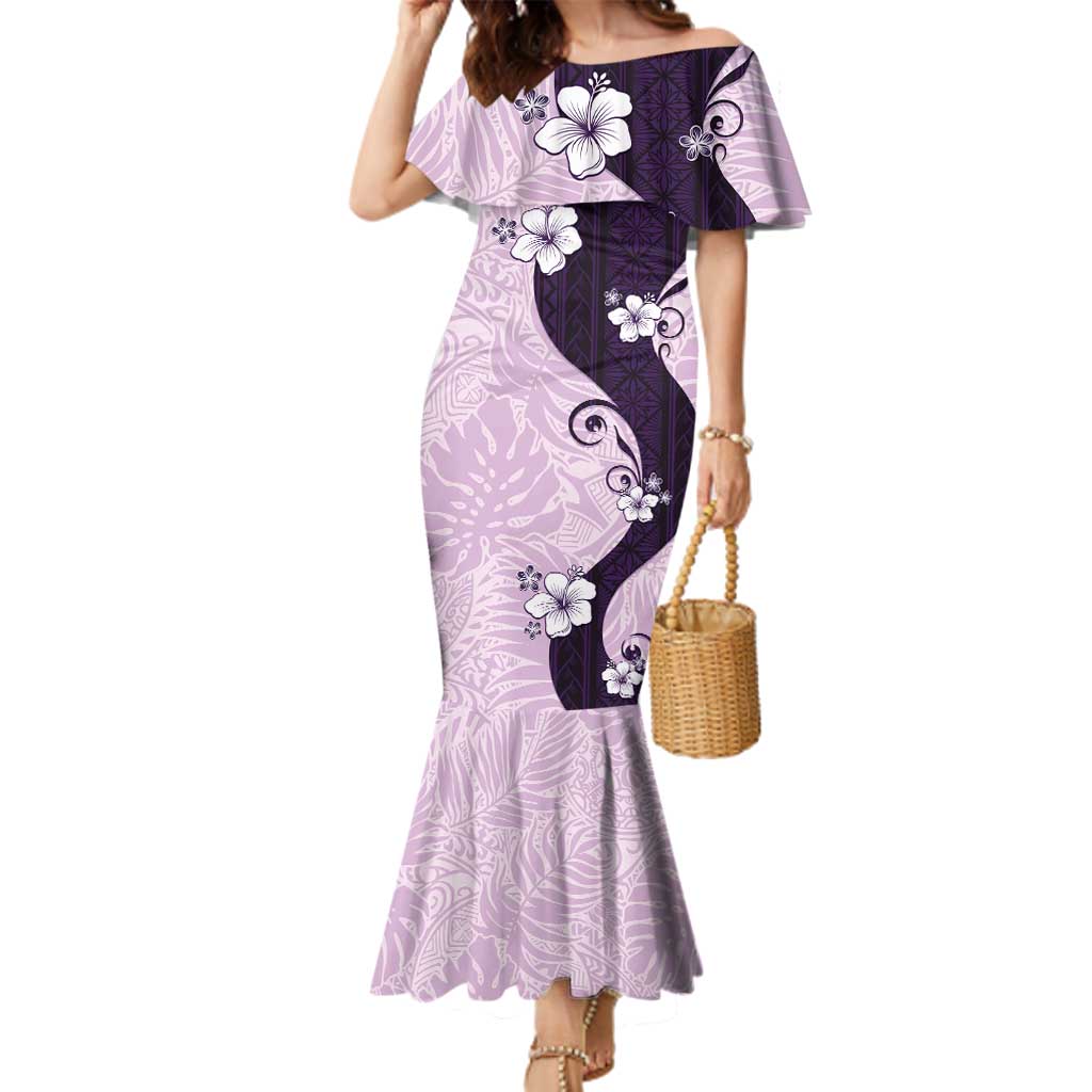 Polynesia Hibiscus Family Matching Mermaid Dress and Hawaiian Shirt Thistle Curve Motif LT05 Mom's Dress Purple - Polynesian Pride