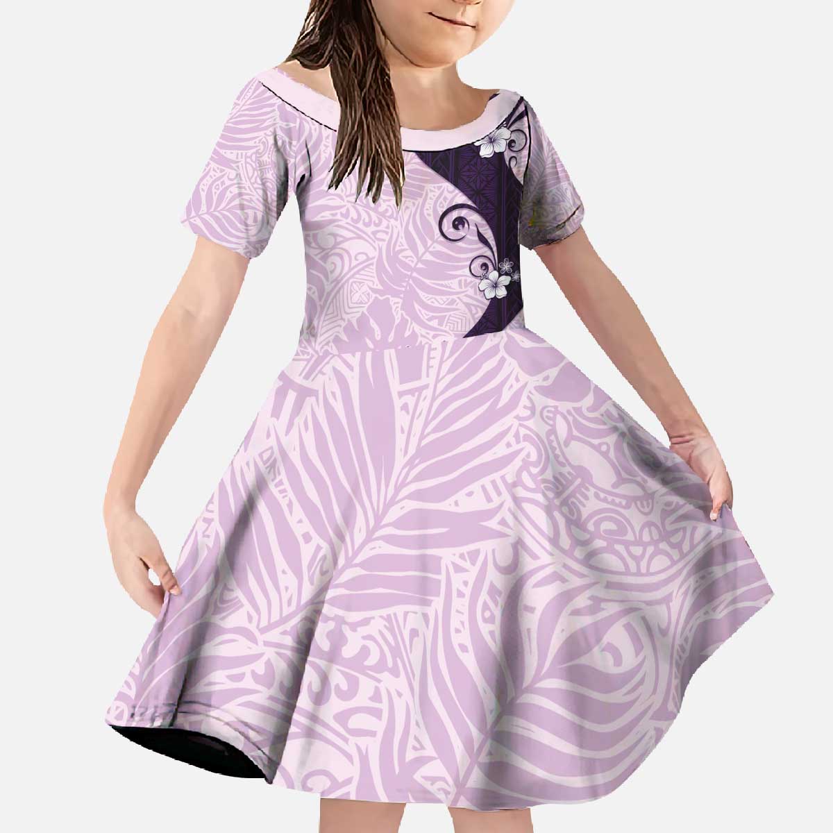 Polynesia Hibiscus Family Matching Off The Shoulder Long Sleeve Dress and Hawaiian Shirt Thistle Curve Motif LT05 Daughter's Dress Purple - Polynesian Pride