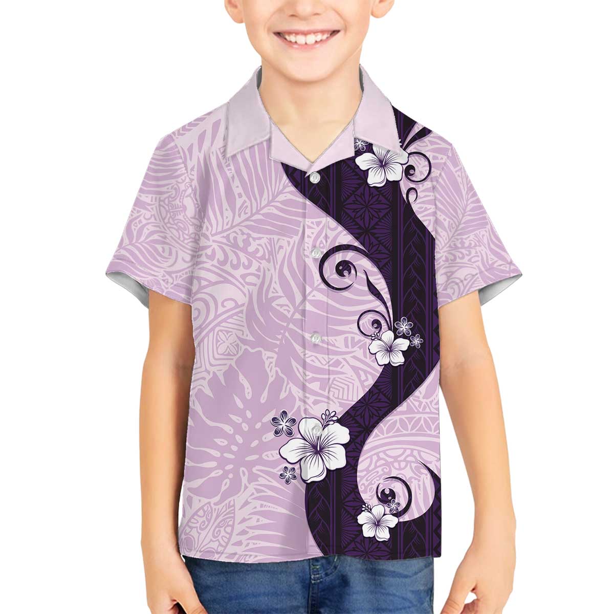 Polynesia Hibiscus Family Matching Off The Shoulder Long Sleeve Dress and Hawaiian Shirt Thistle Curve Motif LT05 Son's Shirt Purple - Polynesian Pride