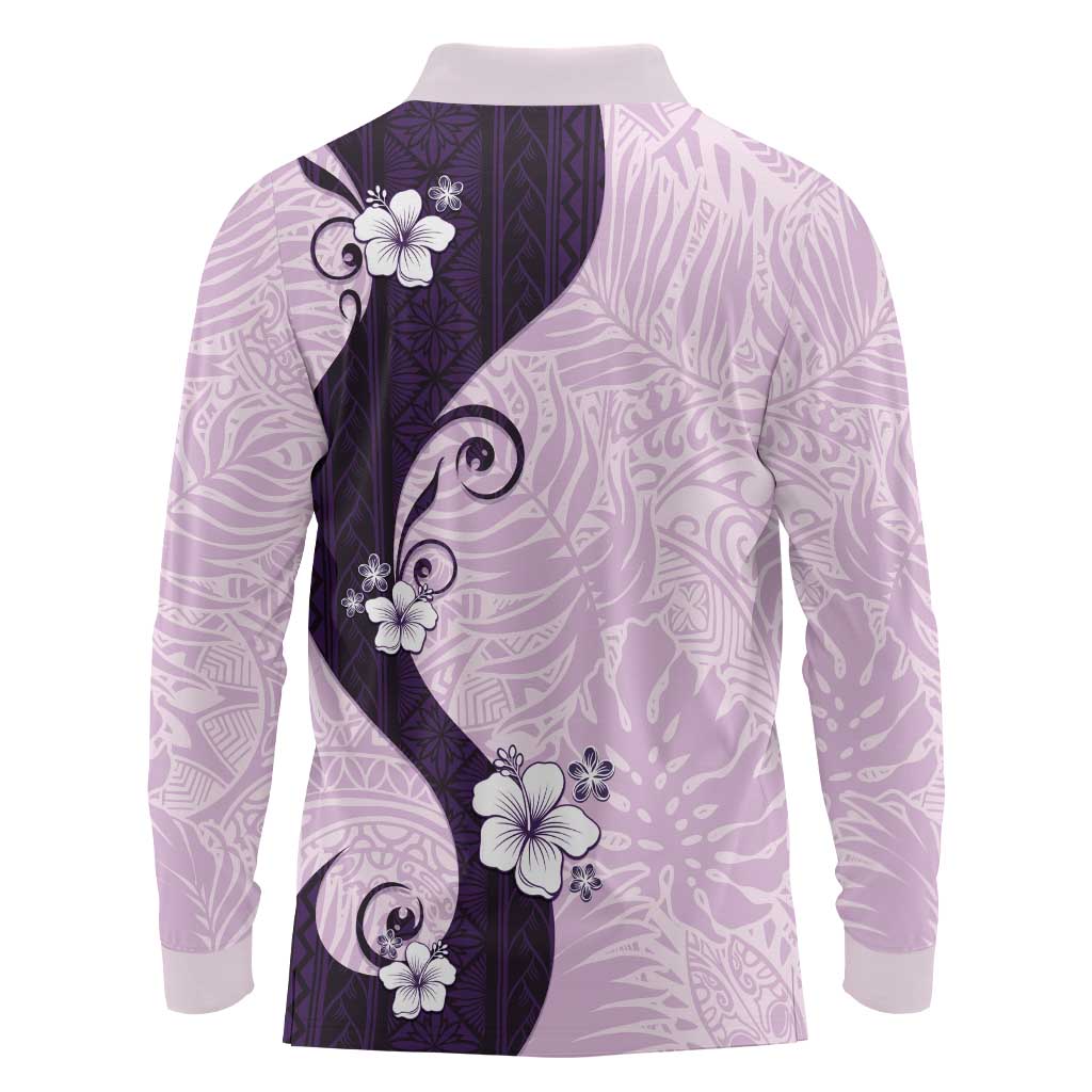 Polynesia Hibiscus Long Sleeve Polo Shirt Thistle Curve Motif - Polynesian Pride