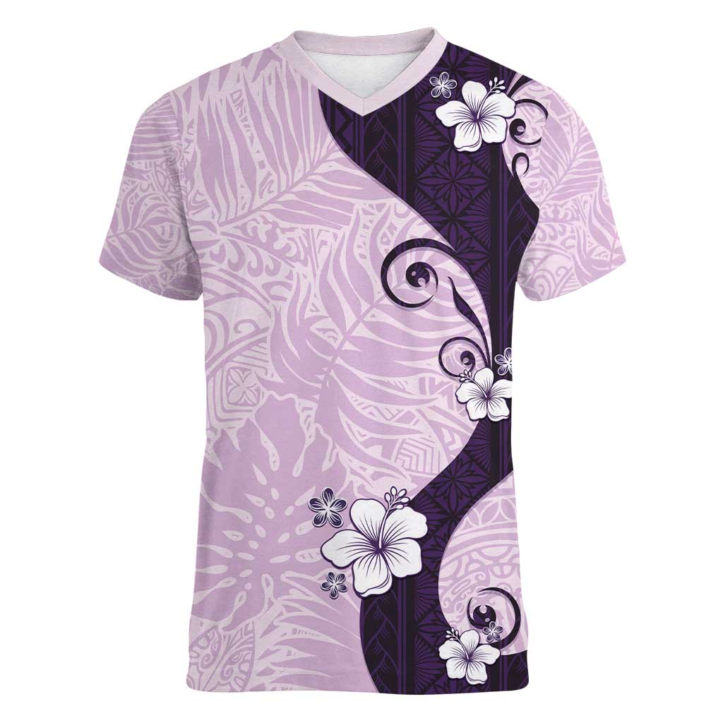 Polynesia Hibiscus Women V-Neck T-Shirt Thistle Curve Motif LT05 Female Purple - Polynesian Pride