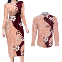 Polynesia Hibiscus Couples Matching Long Sleeve Bodycon Dress and Long Sleeve Button Shirt Rose Bud Curve Motif - Polynesian Pride