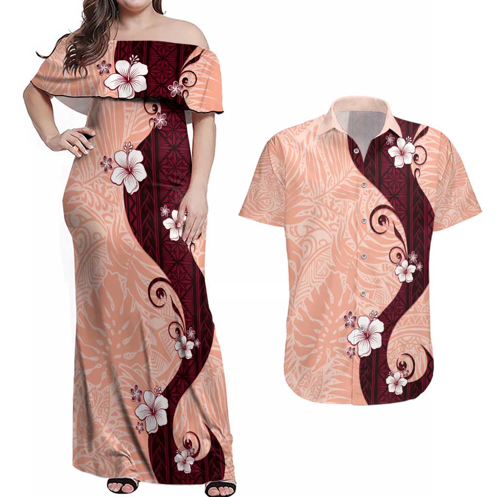 Polynesia Hibiscus Couples Matching Off Shoulder Maxi Dress and Hawaiian Shirt Rose Bud Curve Motif LT05 Red - Polynesian Pride