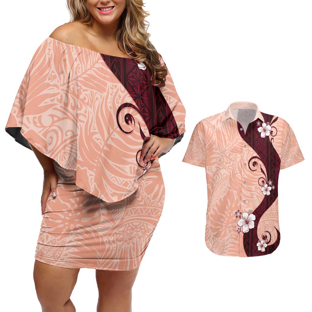 Polynesia Hibiscus Couples Matching Off Shoulder Short Dress and Hawaiian Shirt Rose Bud Curve Motif LT05 Red - Polynesian Pride