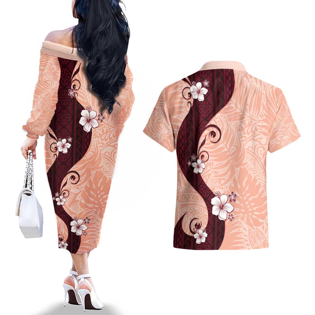 Polynesia Hibiscus Couples Matching Off The Shoulder Long Sleeve Dress and Hawaiian Shirt Rose Bud Curve Motif LT05 - Polynesian Pride