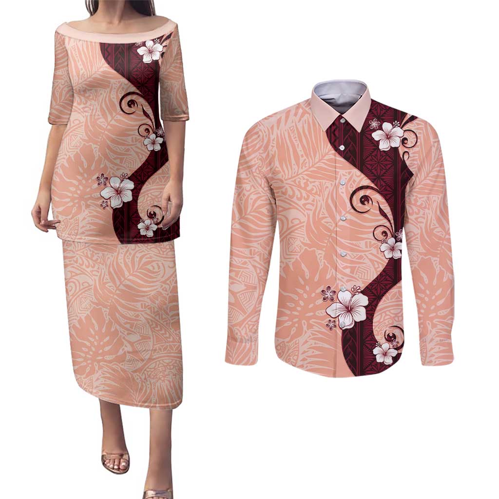 Polynesia Hibiscus Couples Matching Puletasi and Long Sleeve Button Shirt Rose Bud Curve Motif LT05 Red - Polynesian Pride