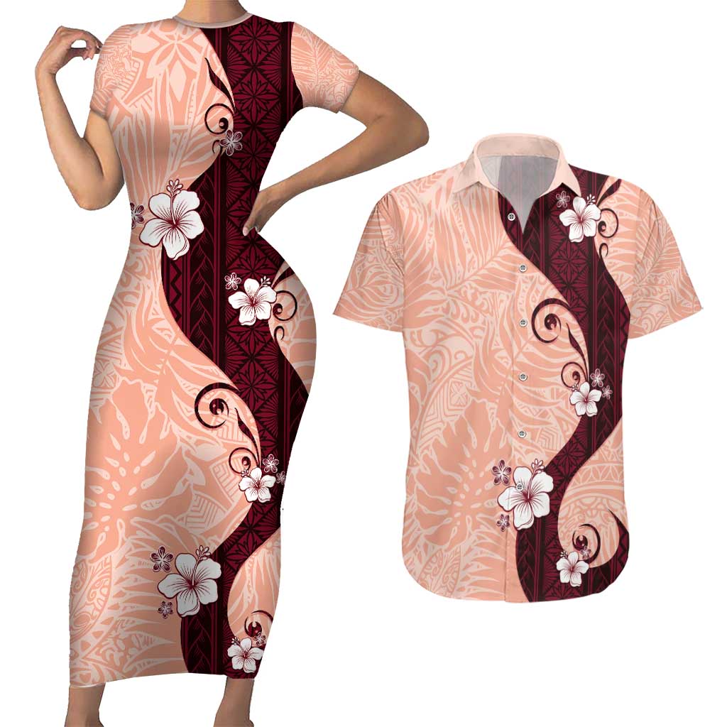 Polynesia Hibiscus Couples Matching Short Sleeve Bodycon Dress and Hawaiian Shirt Rose Bud Curve Motif LT05 Red - Polynesian Pride