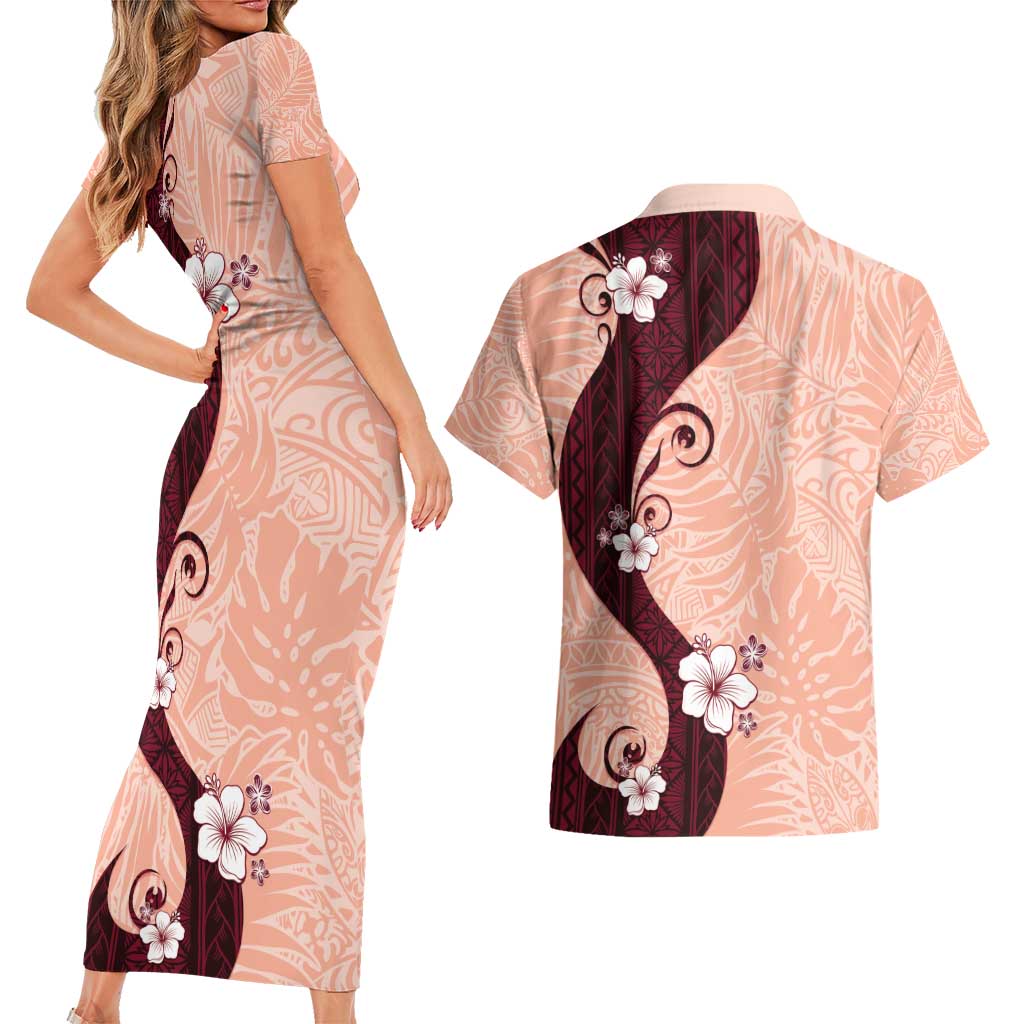 Polynesia Hibiscus Couples Matching Short Sleeve Bodycon Dress and Hawaiian Shirt Rose Bud Curve Motif LT05 - Polynesian Pride