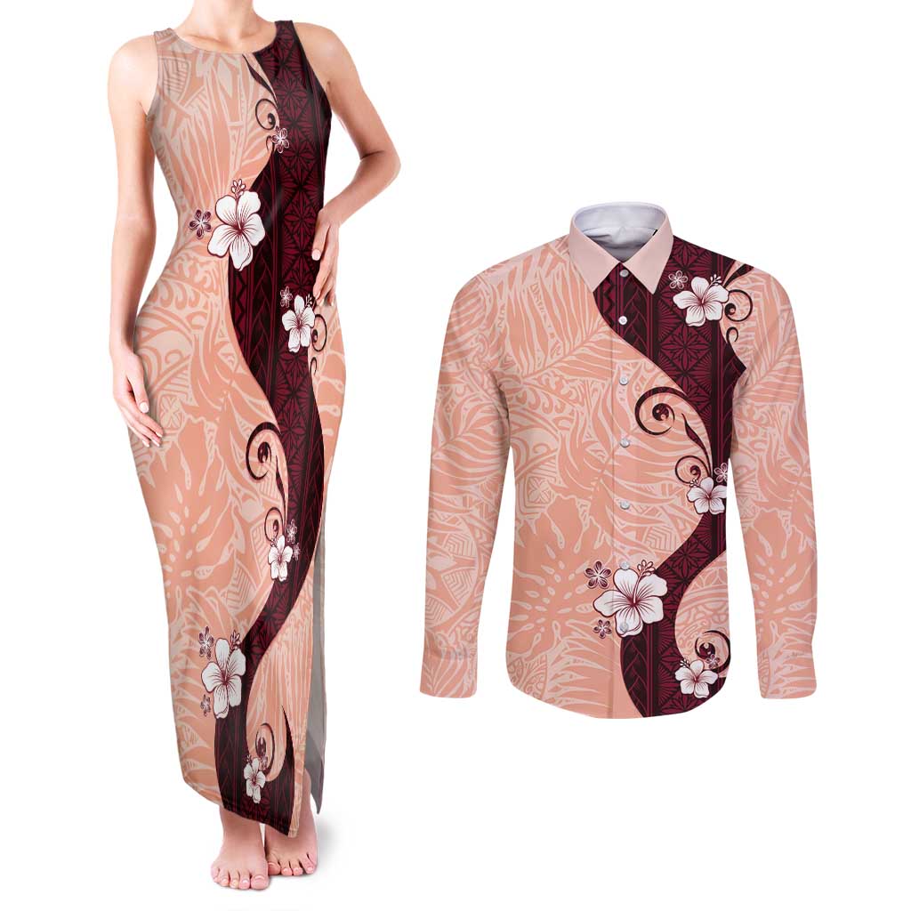 Polynesia Hibiscus Couples Matching Tank Maxi Dress and Long Sleeve Button Shirt Rose Bud Curve Motif LT05 Red - Polynesian Pride