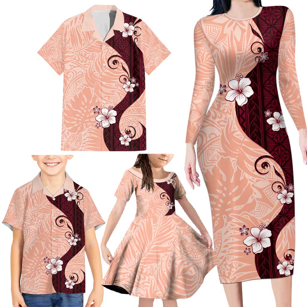 Polynesia Hibiscus Family Matching Long Sleeve Bodycon Dress and Hawaiian Shirt Rose Bud Curve Motif LT05 - Polynesian Pride