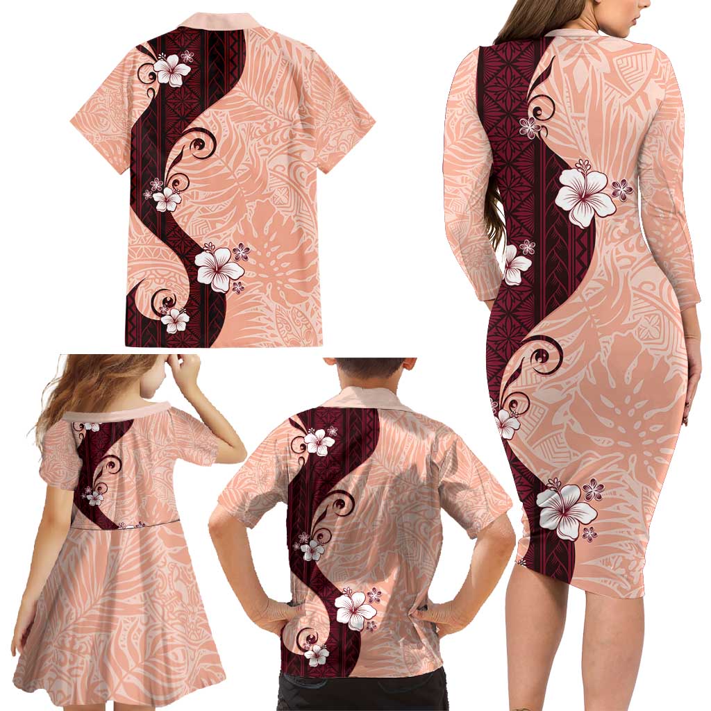 Polynesia Hibiscus Family Matching Long Sleeve Bodycon Dress and Hawaiian Shirt Rose Bud Curve Motif LT05 - Polynesian Pride