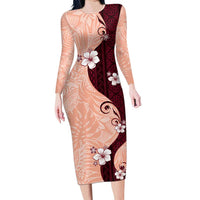 Polynesia Hibiscus Family Matching Long Sleeve Bodycon Dress and Hawaiian Shirt Rose Bud Curve Motif LT05 Mom's Dress Red - Polynesian Pride