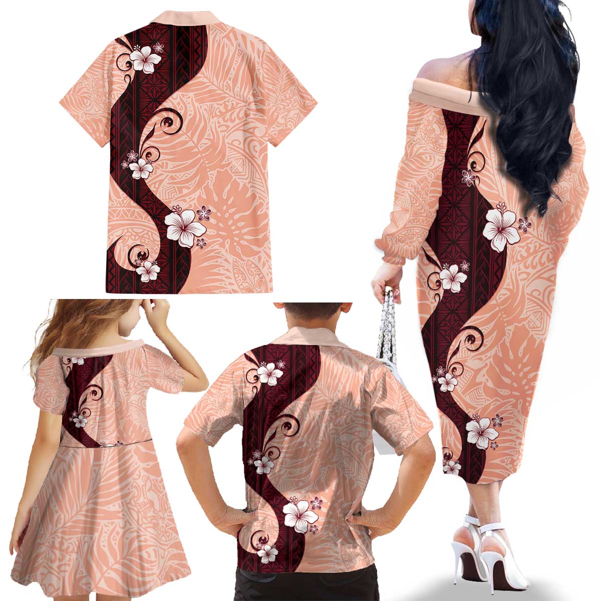 Polynesia Hibiscus Family Matching Off The Shoulder Long Sleeve Dress and Hawaiian Shirt Rose Bud Curve Motif LT05 - Polynesian Pride