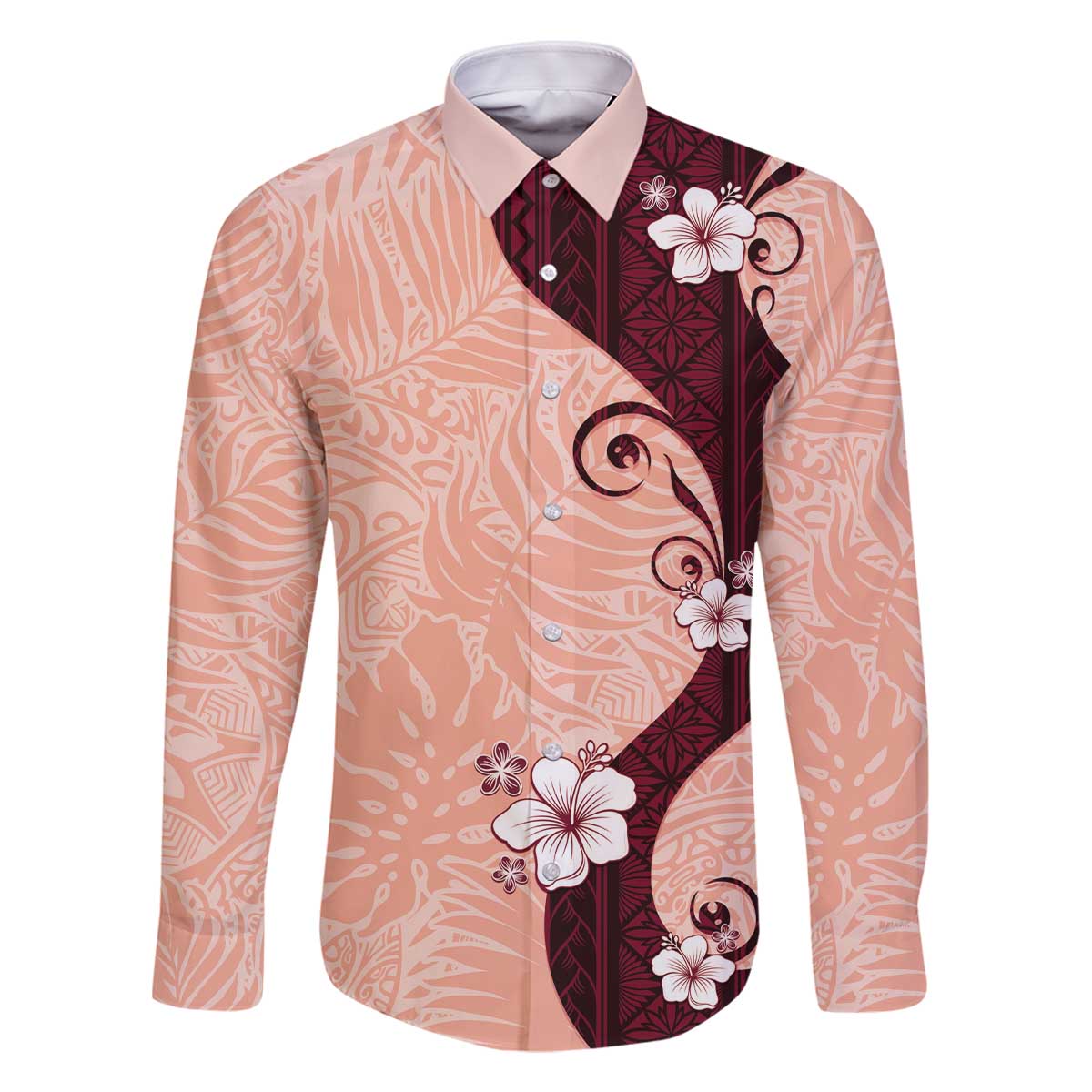 Polynesia Hibiscus Family Matching Off The Shoulder Long Sleeve Dress and Hawaiian Shirt Rose Bud Curve Motif LT05 Dad's Shirt - Long Sleeve Red - Polynesian Pride