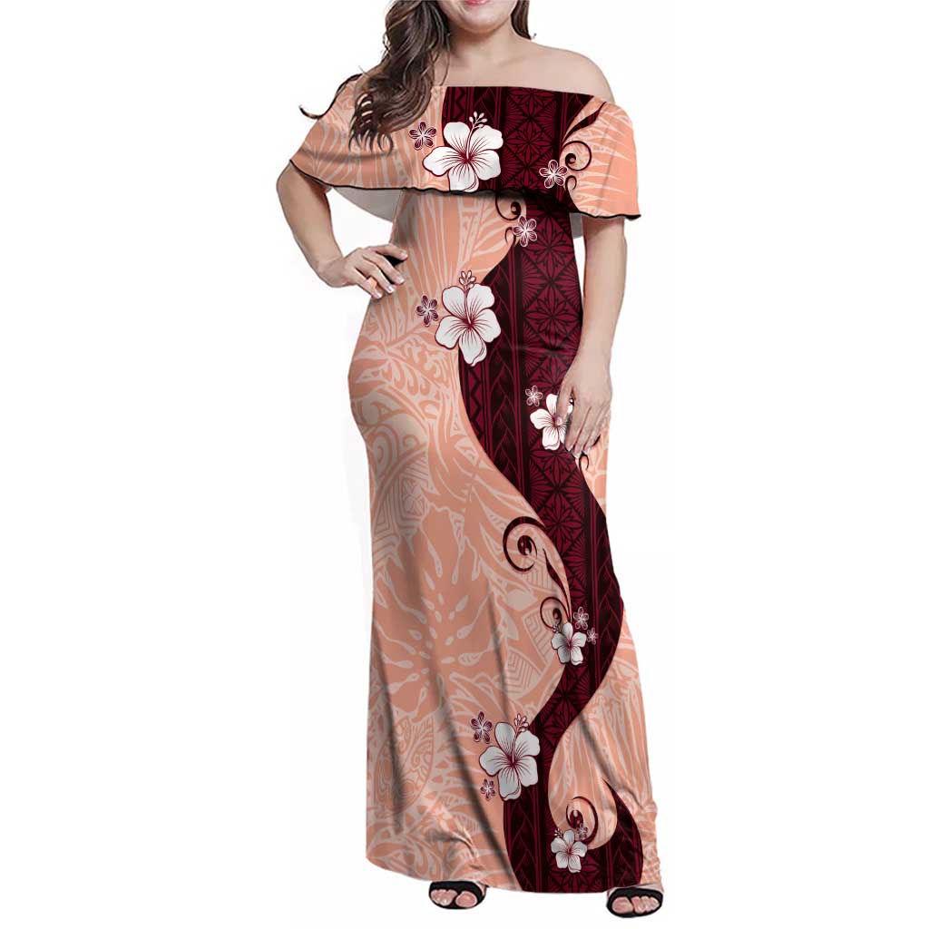 Polynesia Hibiscus Family Matching Off Shoulder Maxi Dress and Hawaiian Shirt Rose Bud Curve Motif LT05 Mom's Dress Red - Polynesian Pride
