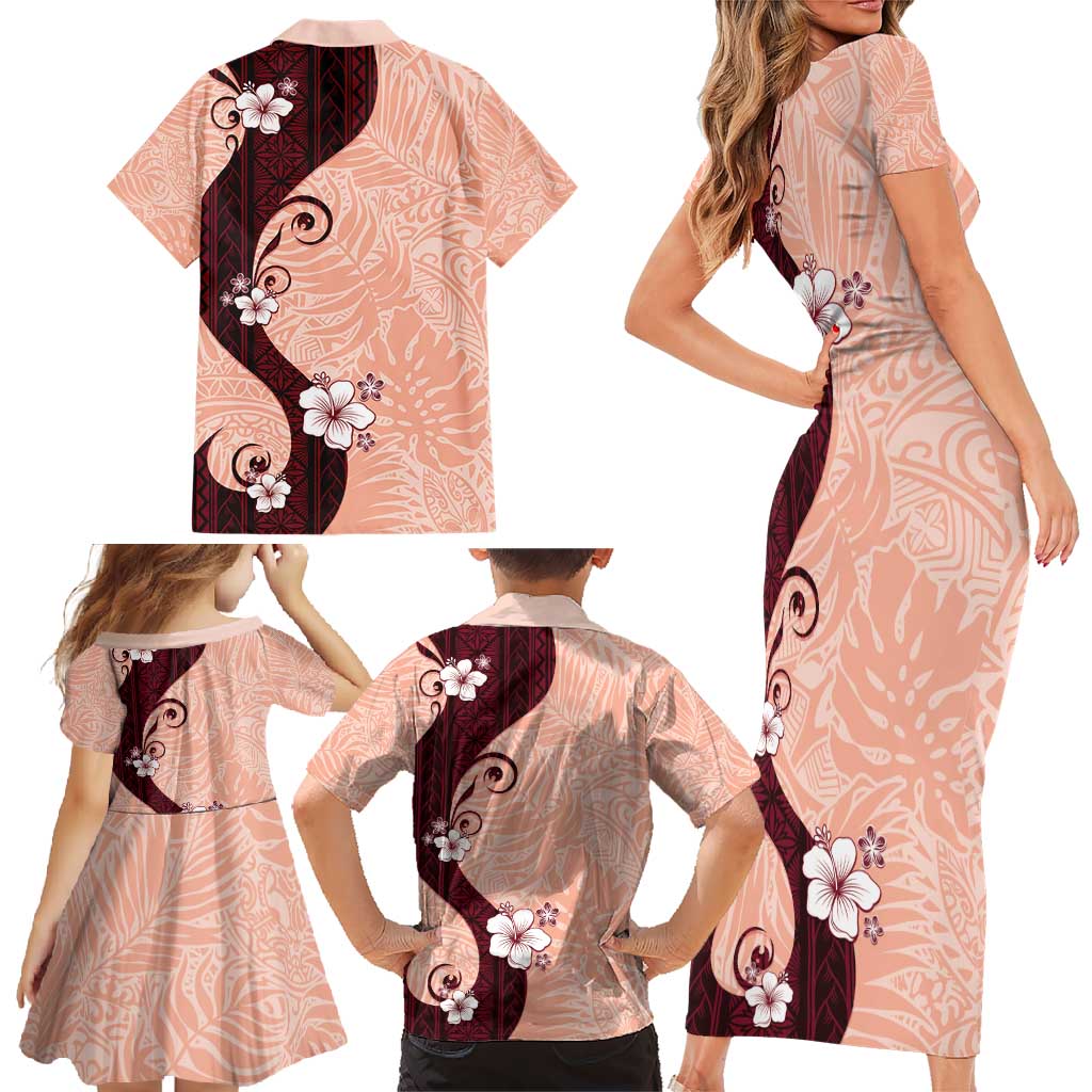 Polynesia Hibiscus Family Matching Short Sleeve Bodycon Dress and Hawaiian Shirt Rose Bud Curve Motif LT05 - Polynesian Pride
