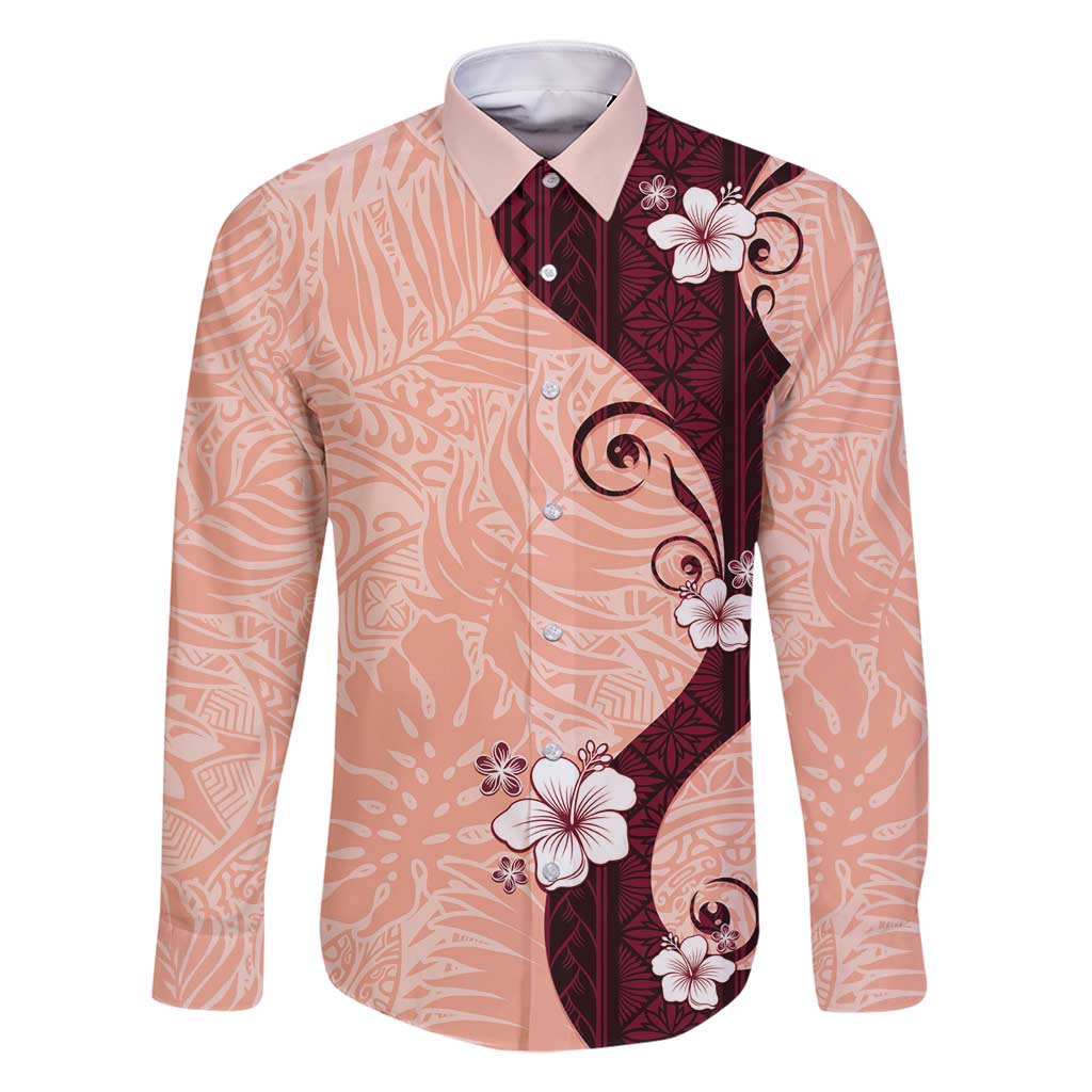 Polynesia Hibiscus Family Matching Tank Maxi Dress and Hawaiian Shirt Rose Bud Curve Motif LT05 Dad's Shirt - Long Sleeve Red - Polynesian Pride