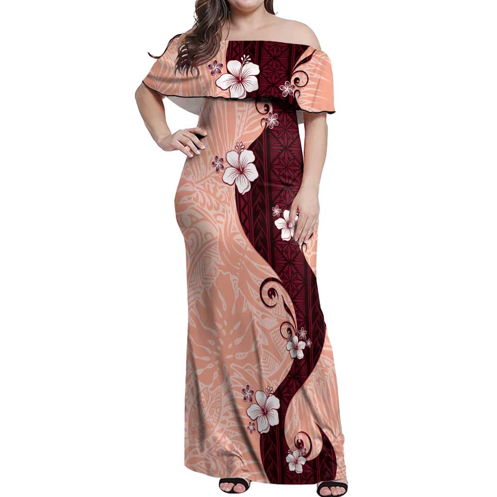 Polynesia Hibiscus Off Shoulder Maxi Dress Rose Bud Curve Motif LT05 Women Red - Polynesian Pride