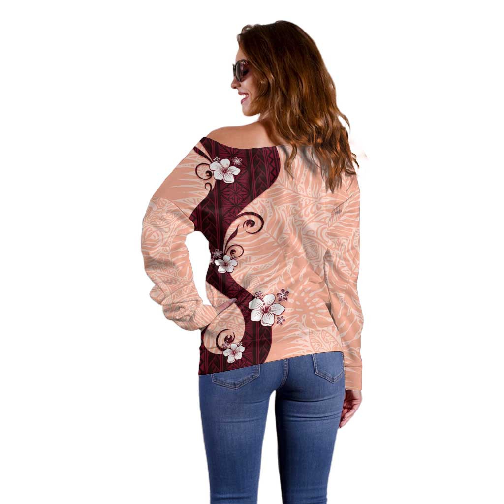 Polynesia Hibiscus Off Shoulder Sweater Rose Bud Curve Motif - Polynesian Pride