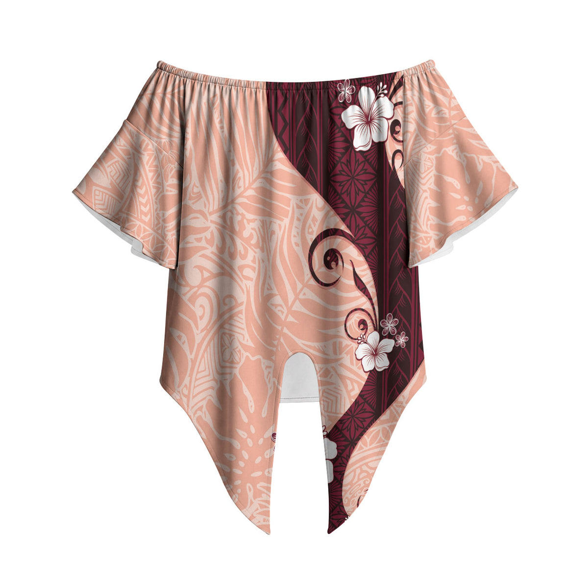 Polynesia Hibiscus Off Shoulder Wrap Waist Top Rose Bud Curve Motif LT05 Red - Polynesian Pride