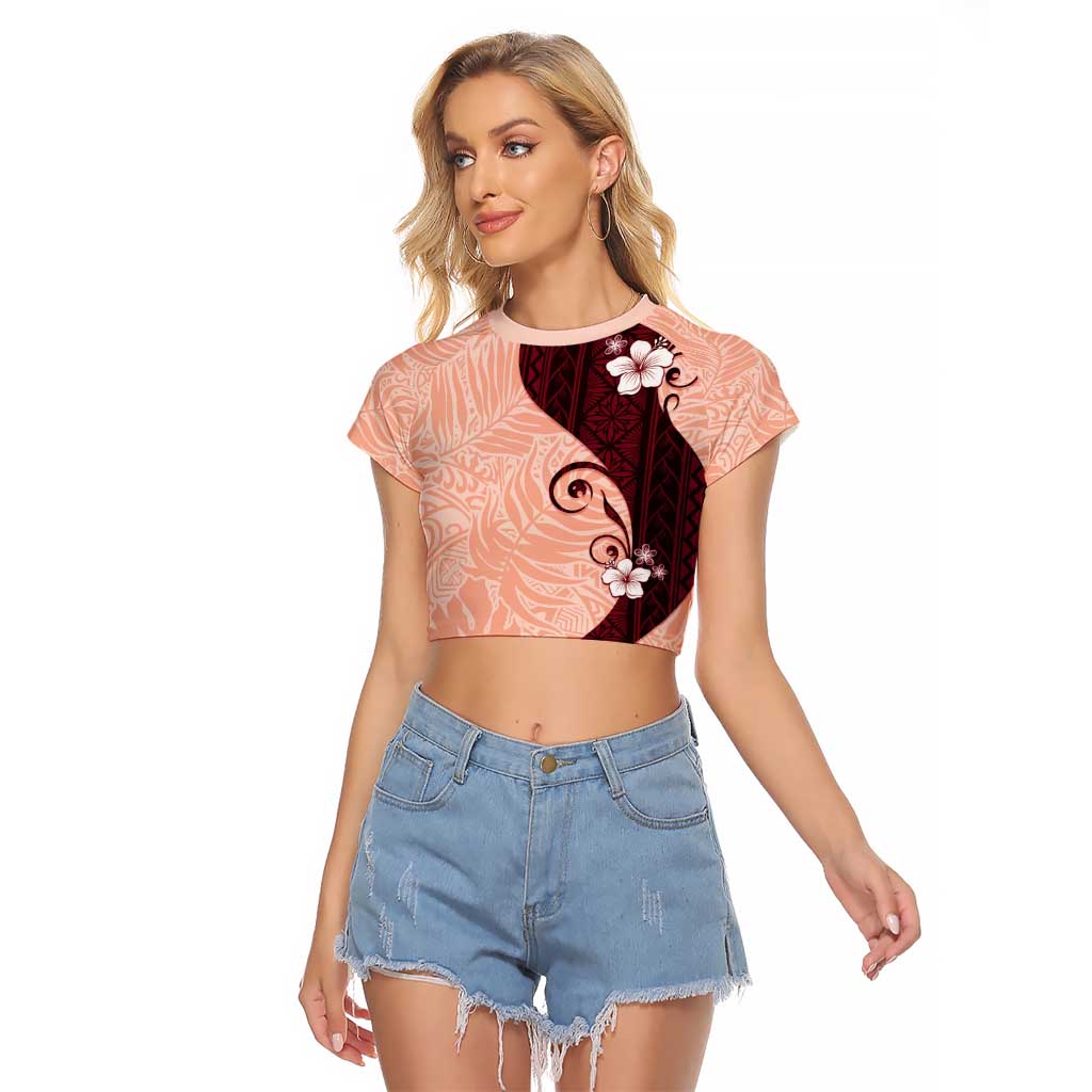 Polynesia Hibiscus Raglan Cropped T Shirt Rose Bud Curve Motif LT05 Female Red - Polynesian Pride