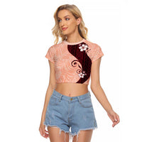 Polynesia Hibiscus Raglan Cropped T Shirt Rose Bud Curve Motif LT05 Female Red - Polynesian Pride