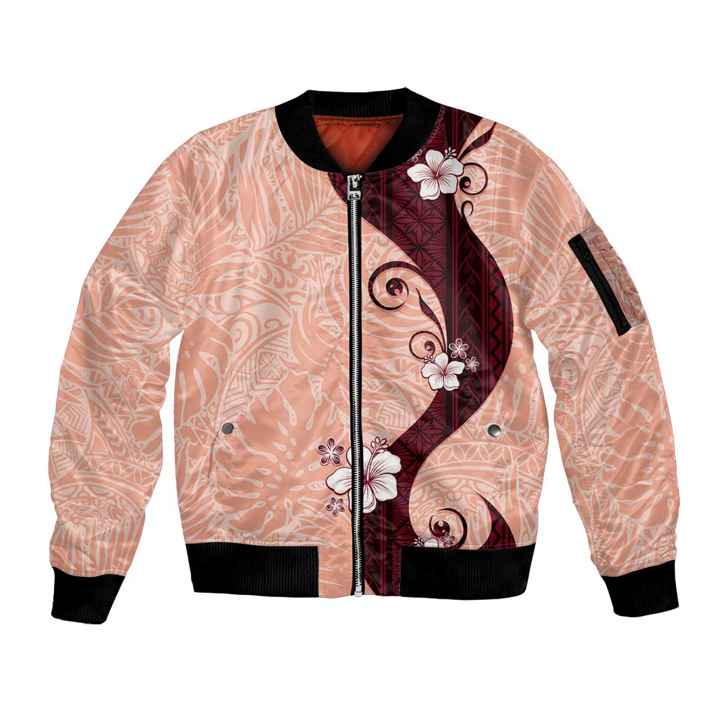 Polynesia Hibiscus Sleeve Zip Bomber Jacket Rose Bud Curve Motif LT05 Unisex Red - Polynesian Pride