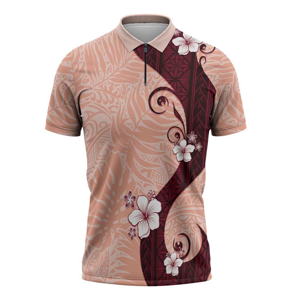 Polynesia Hibiscus Zipper Polo Shirt Rose Bud Curve Motif LT05 Red - Polynesian Pride