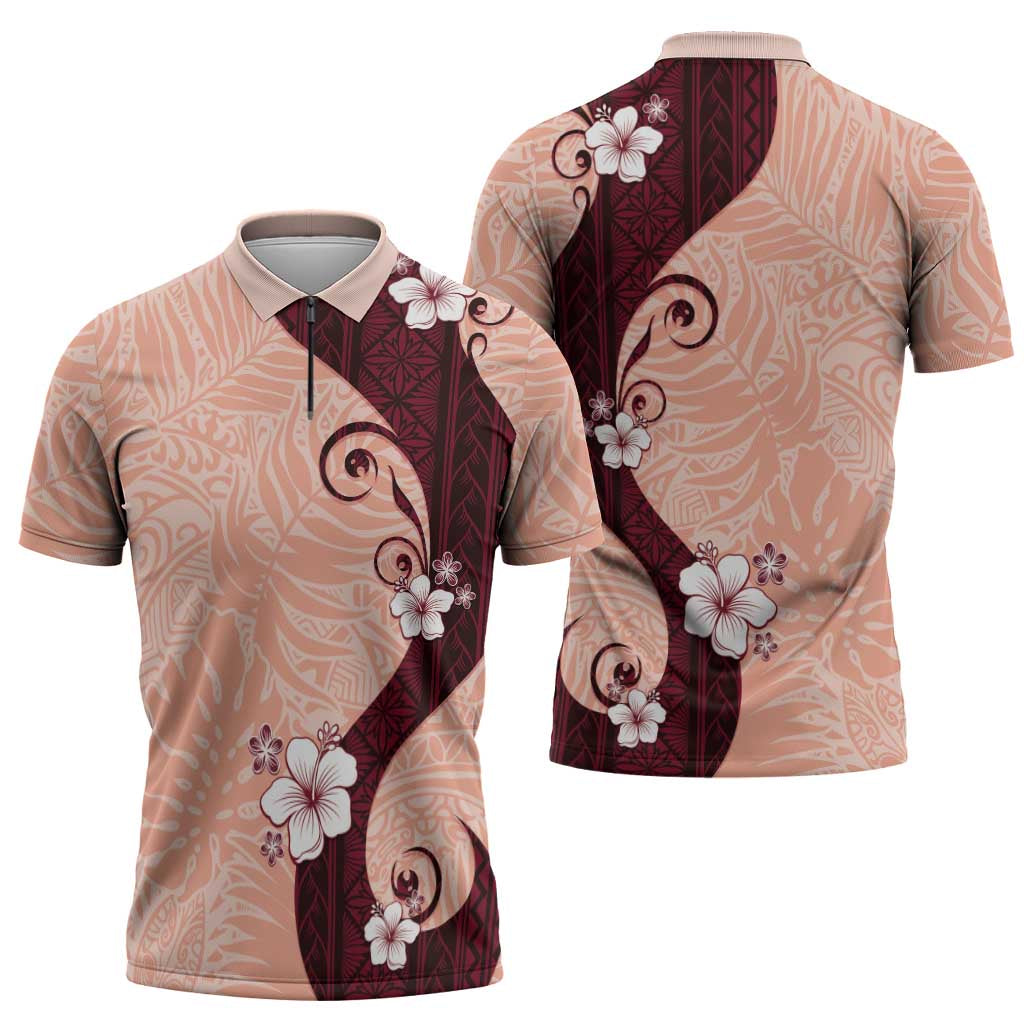 Polynesia Hibiscus Zipper Polo Shirt Rose Bud Curve Motif - Polynesian Pride