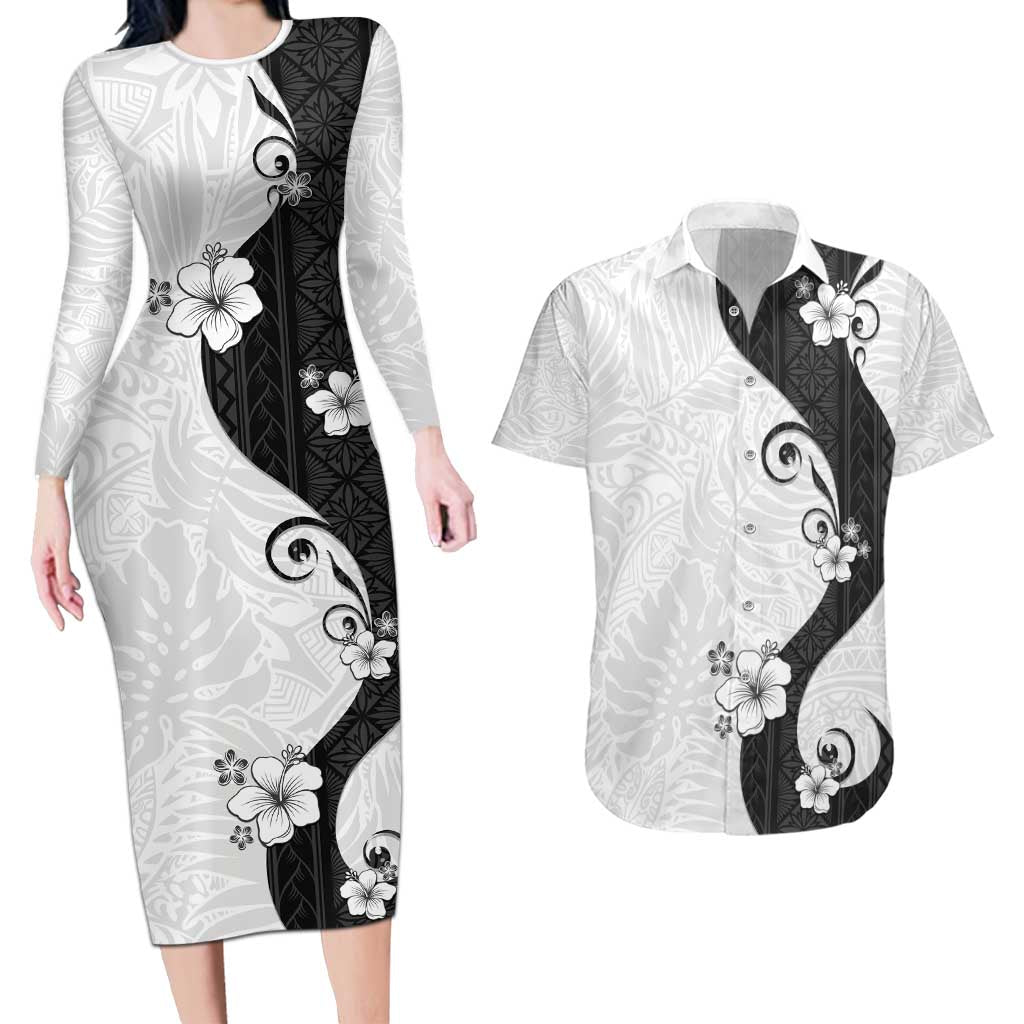 Polynesia Hibiscus Couples Matching Long Sleeve Bodycon Dress and Hawaiian Shirt White Curve Motif LT05 White - Polynesian Pride