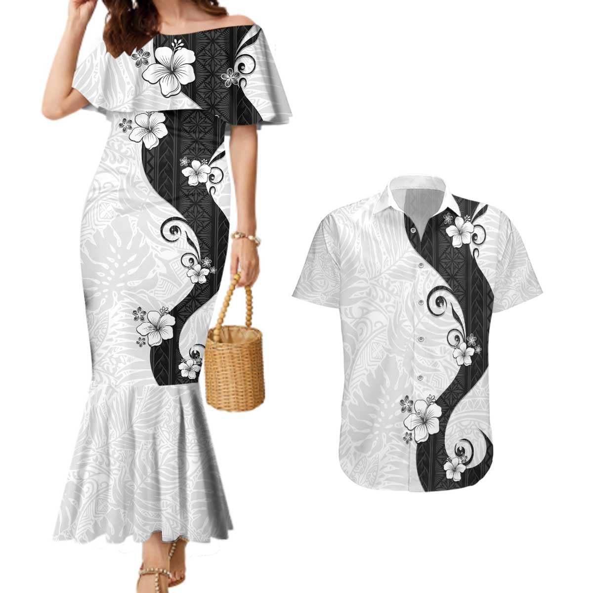 Polynesia Hibiscus Couples Matching Mermaid Dress and Hawaiian Shirt White Curve Motif LT05 White - Polynesian Pride