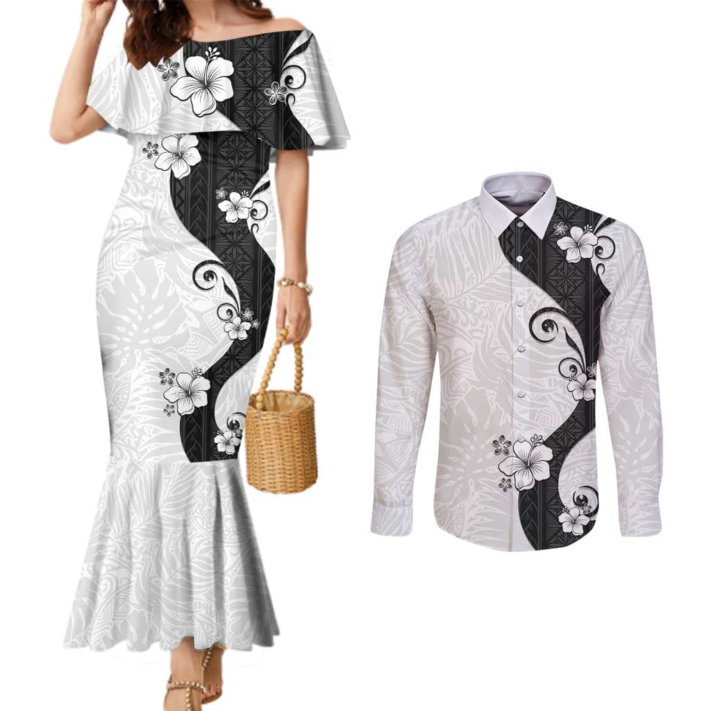 Polynesia Hibiscus Couples Matching Mermaid Dress and Long Sleeve Button Shirt White Curve Motif - Polynesian Pride