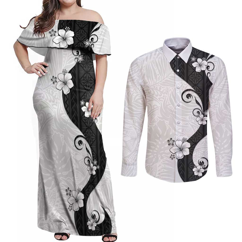 Polynesia Hibiscus Couples Matching Off Shoulder Maxi Dress and Long Sleeve Button Shirt White Curve Motif LT05 White - Polynesian Pride