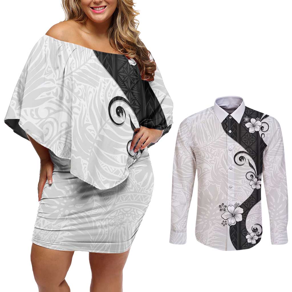 Polynesia Hibiscus Couples Matching Off Shoulder Short Dress and Long Sleeve Button Shirt White Curve Motif LT05 White - Polynesian Pride