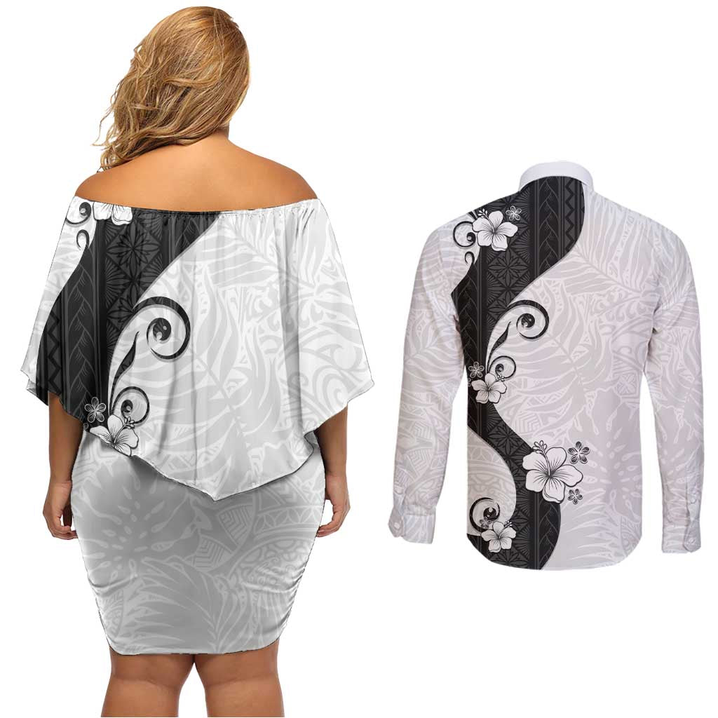 Polynesia Hibiscus Couples Matching Off Shoulder Short Dress and Long Sleeve Button Shirt White Curve Motif - Polynesian Pride