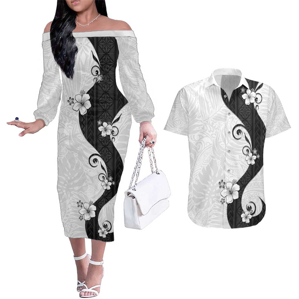 Polynesia Hibiscus Couples Matching Off The Shoulder Long Sleeve Dress and Hawaiian Shirt White Curve Motif LT05 White - Polynesian Pride