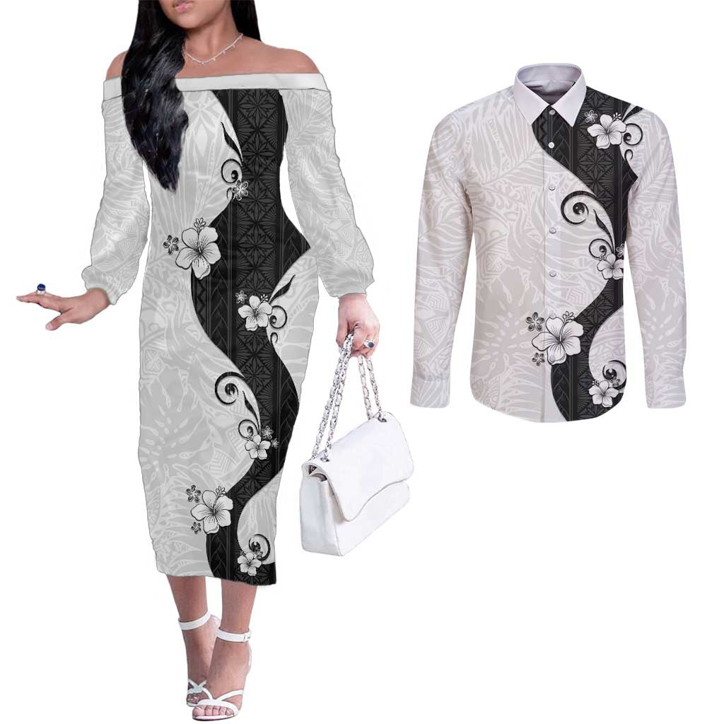 Polynesia Hibiscus Couples Matching Off The Shoulder Long Sleeve Dress and Long Sleeve Button Shirt White Curve Motif - Polynesian Pride