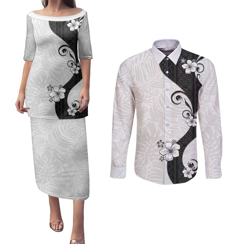 Polynesia Hibiscus Couples Matching Puletasi and Long Sleeve Button Shirt White Curve Motif LT05 White - Polynesian Pride