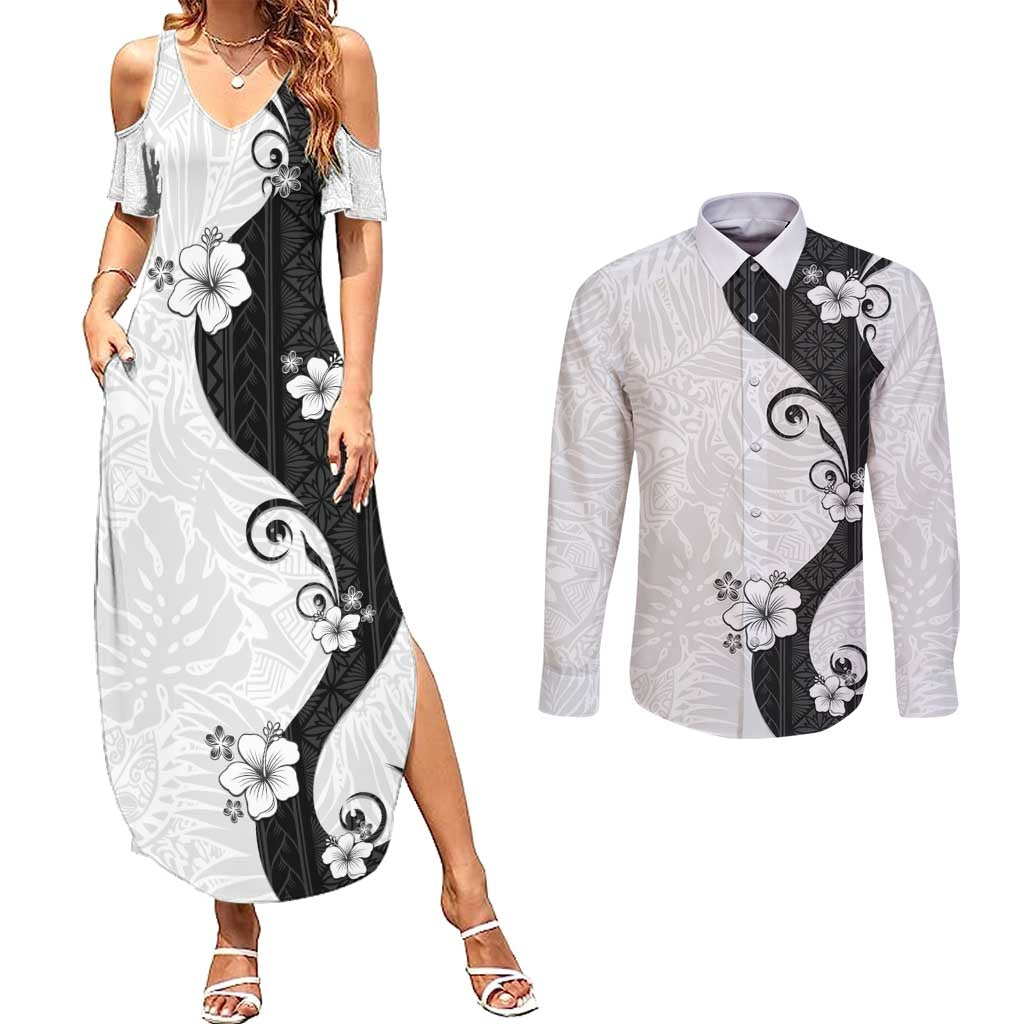 Polynesia Hibiscus Couples Matching Summer Maxi Dress and Long Sleeve Button Shirt White Curve Motif LT05 White - Polynesian Pride