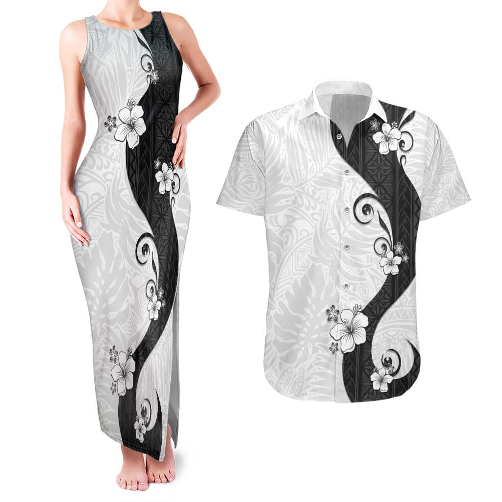 Polynesia Hibiscus Couples Matching Tank Maxi Dress and Hawaiian Shirt White Curve Motif LT05 White - Polynesian Pride
