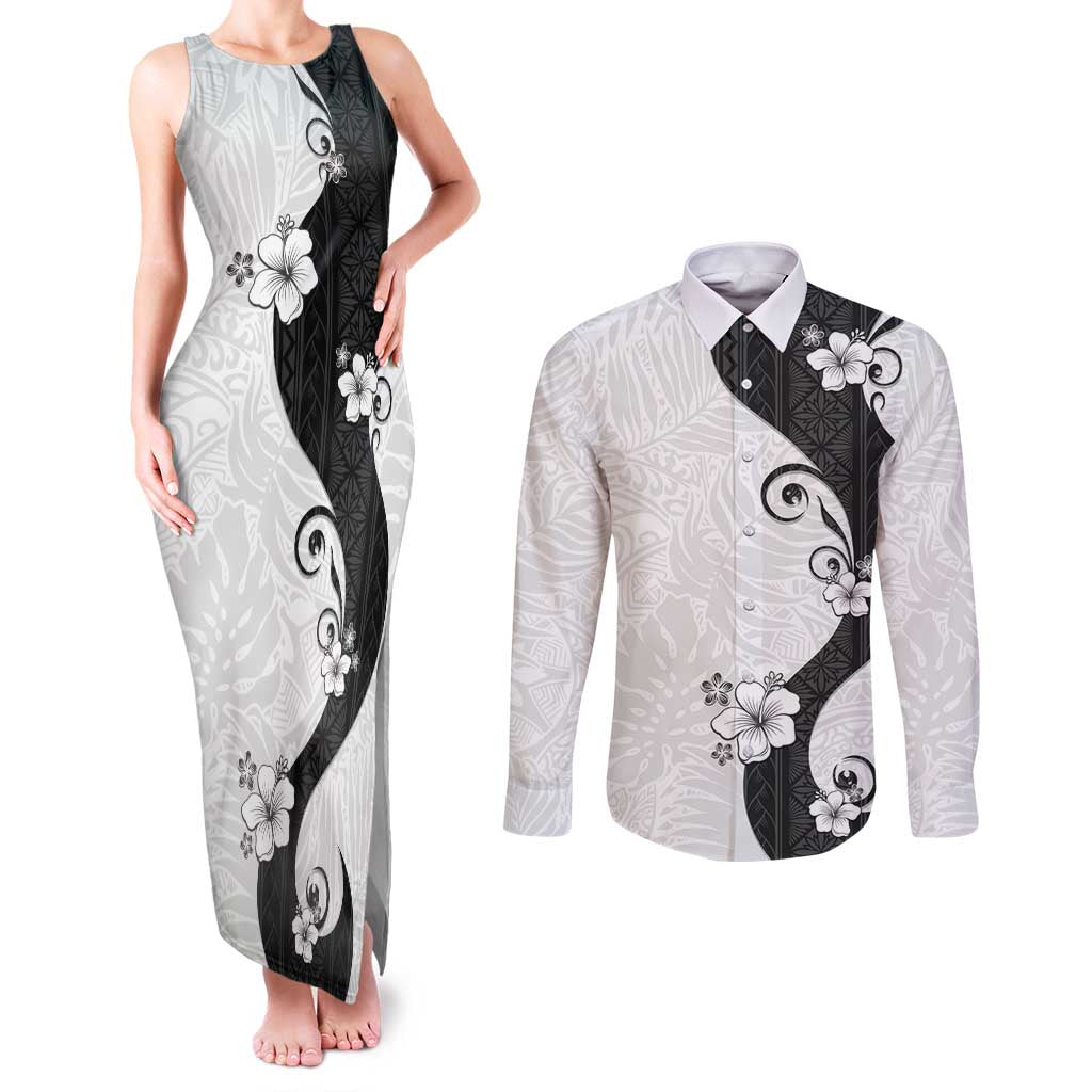 Polynesia Hibiscus Couples Matching Tank Maxi Dress and Long Sleeve Button Shirt White Curve Motif LT05 White - Polynesian Pride