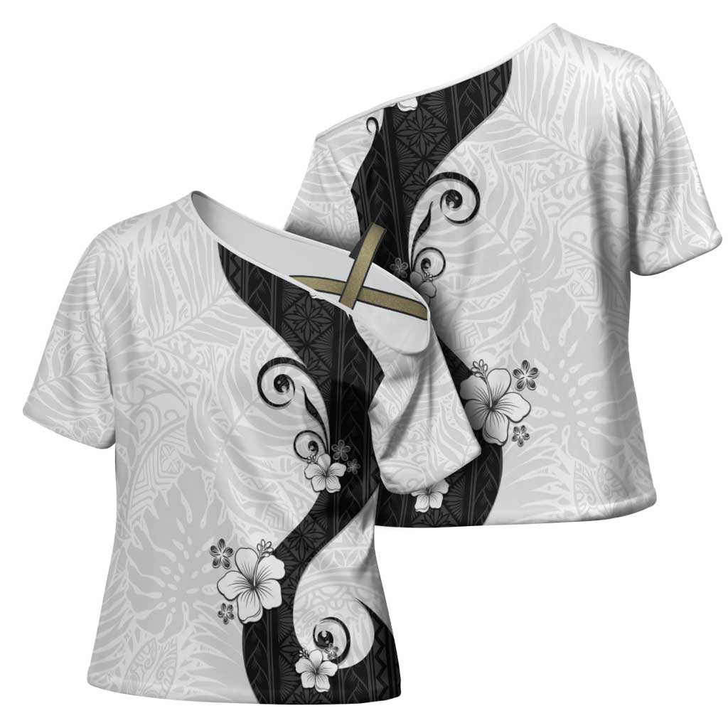 Polynesia Hibiscus Cross Shoulder Shirt White Curve Motif - Polynesian Pride