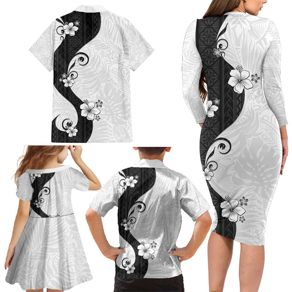 Polynesia Hibiscus Family Matching Long Sleeve Bodycon Dress and Hawaiian Shirt White Curve Motif LT05 - Polynesian Pride