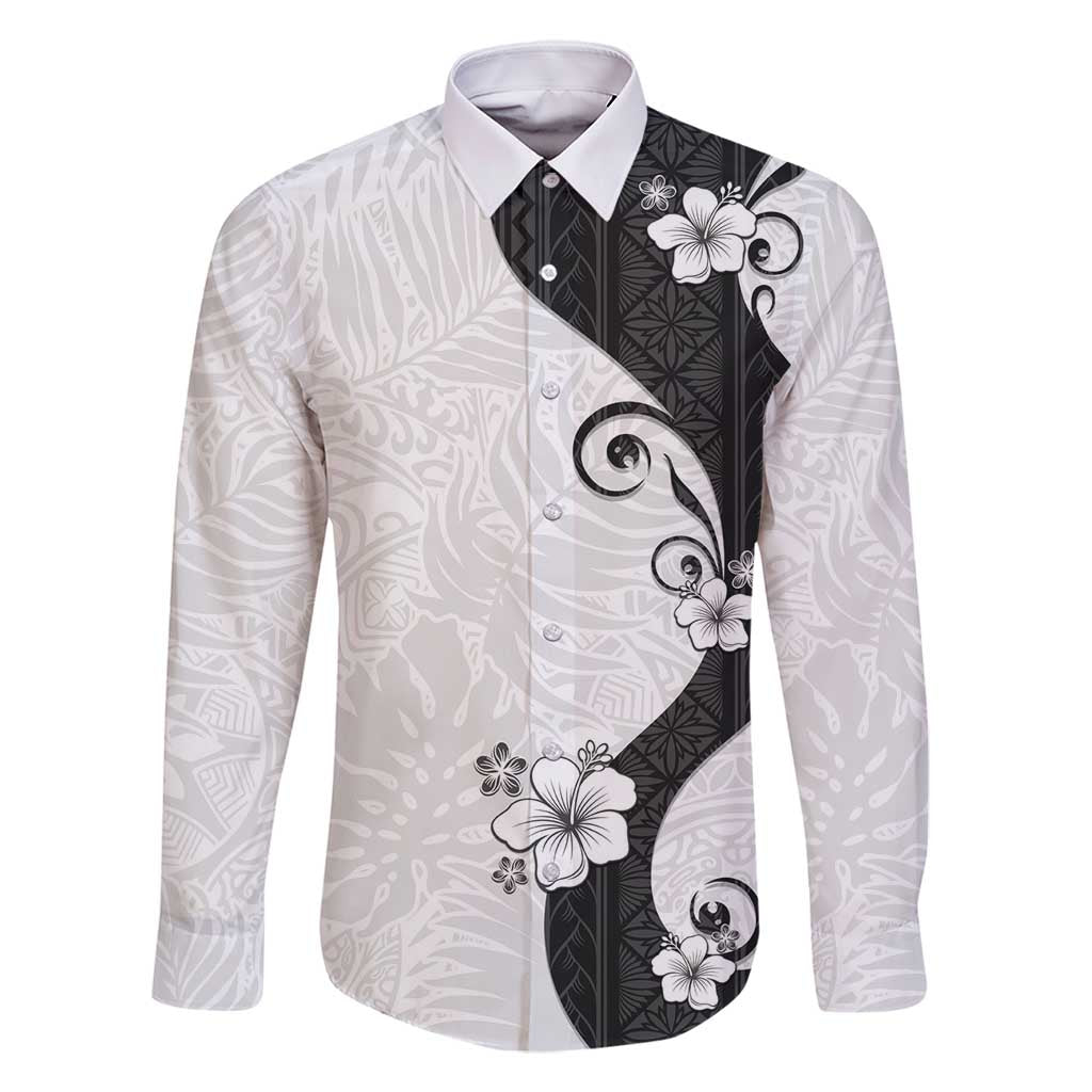 Polynesia Hibiscus Family Matching Mermaid Dress and Hawaiian Shirt White Curve Motif LT05 Dad's Shirt - Long Sleeve White - Polynesian Pride