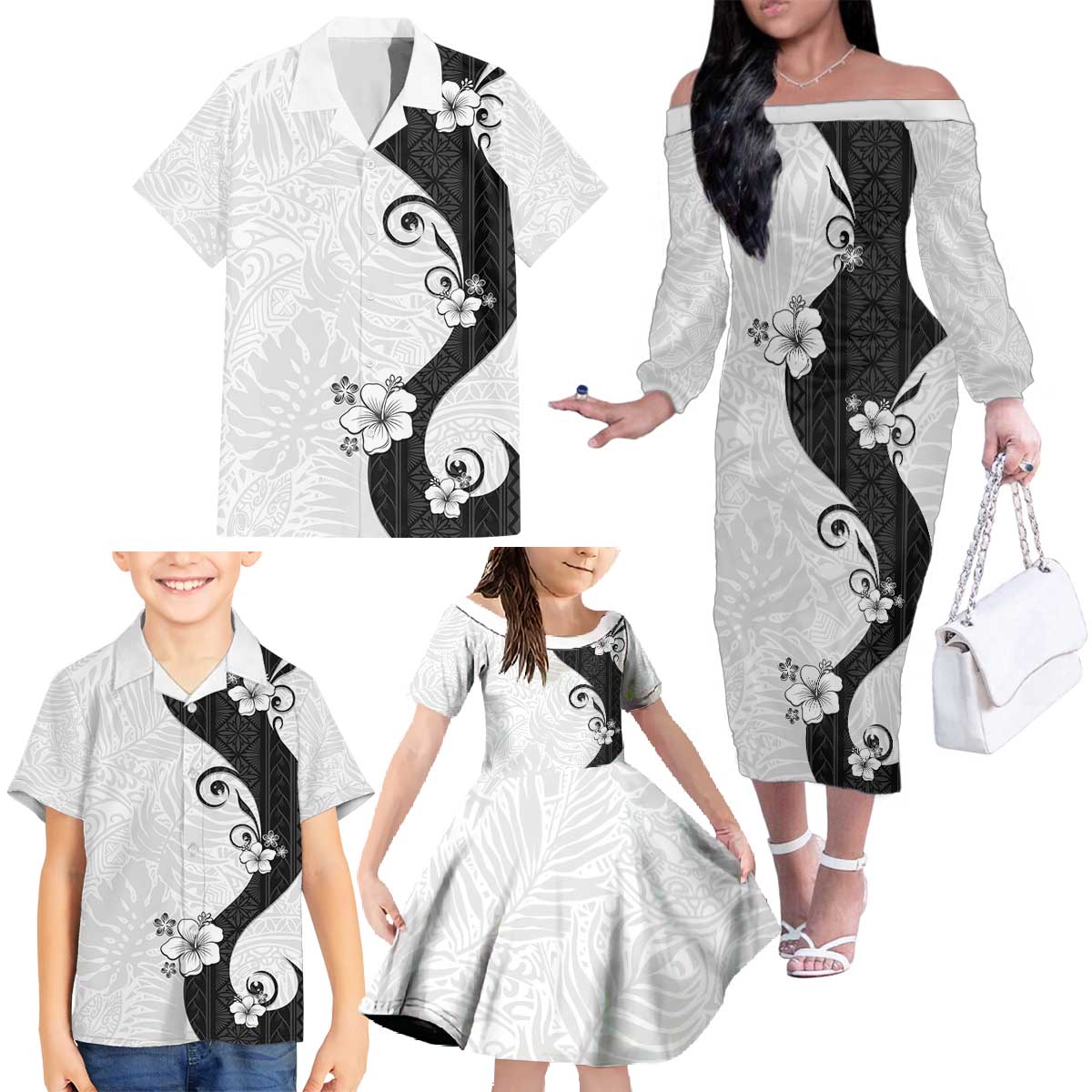 Polynesia Hibiscus Family Matching Off The Shoulder Long Sleeve Dress and Hawaiian Shirt White Curve Motif LT05 - Polynesian Pride